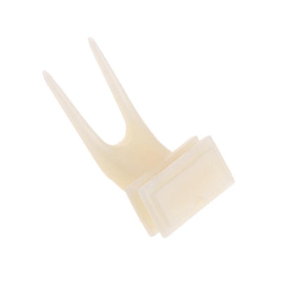 White plastic bird fruit fork clipped onto blue birdcage bars, designed to hold fruit or vegetables for pet birds. - Image 4