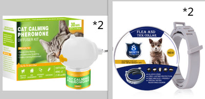 Cat Calming Pheromone Diffuser Kit with a white plug-in diffuser and a green refill bottle, next to its green and white box. - Image 16