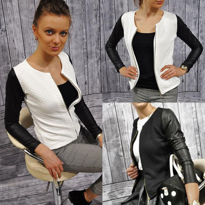 Chaqueta Blazer Mujer Patchwork Cuero PU con Tartán Primavera Otoño