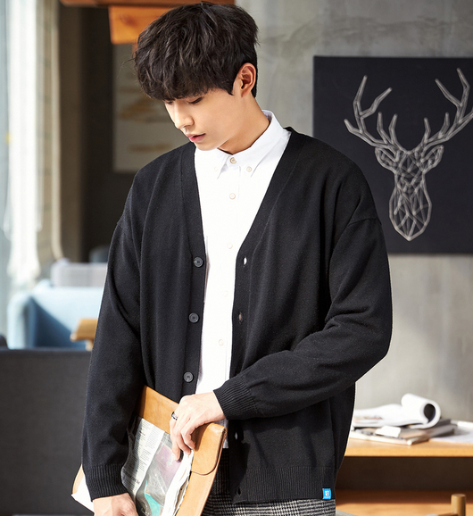 Cardigan Suelto de Hombres Otoño - Suéter Oversized Cuello Caído Negro Tendencia - Image 3
