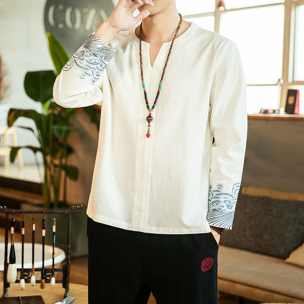Camisa de Lino Bordada Manga Larga para Hombre