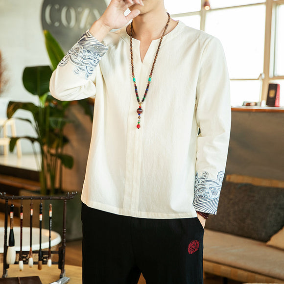 Camisa de Lino Bordada Manga Larga para Hombre