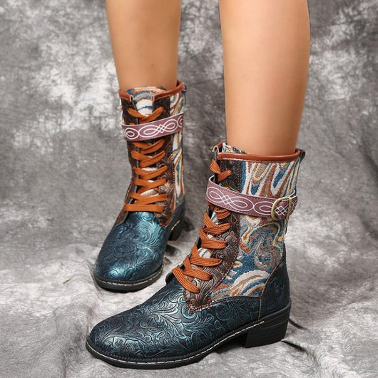 Botas Martin de Tacón Cuadrado con Bordado Étnico Retro - Image 4