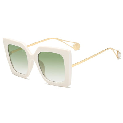 Women's black square frame sunglasses with blue gradient lenses and gold metal temples featuring a pearl accent. - Image 19