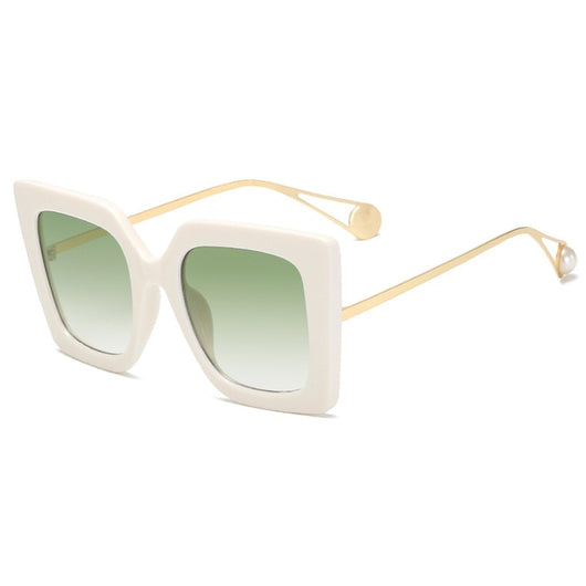 Women's black square frame sunglasses with blue gradient lenses and gold metal temples featuring a pearl accent. - Image 19