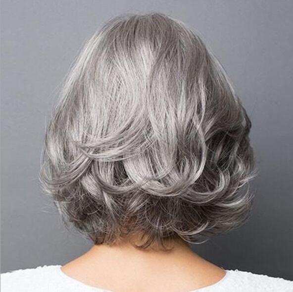 Peluca Corta Rizada Gris Plata Realista Estilo Bobo