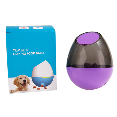 Orange and blue interactive pet food dispenser toy with multiple tiers and white balls, next to its black packaging. - Image 17