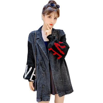 Chaqueta de mezclilla negra con mangas linterna tejidas con letras - Image 5