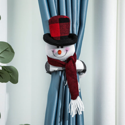 Santa Claus curtain buckle with a black and white buffalo plaid hat, white beard, and red body holding a blue curtain. - Image 23