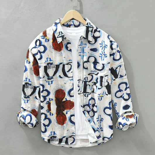 Camisa Estampada de Algodón con Diseño Artístico - Manga Larga Holgada y Casual para Hombre - Image 4
