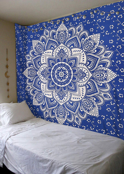 Navy blue tapestry with a large gold mandala pattern and smaller gold floral designs, made of polyester. - Image 9