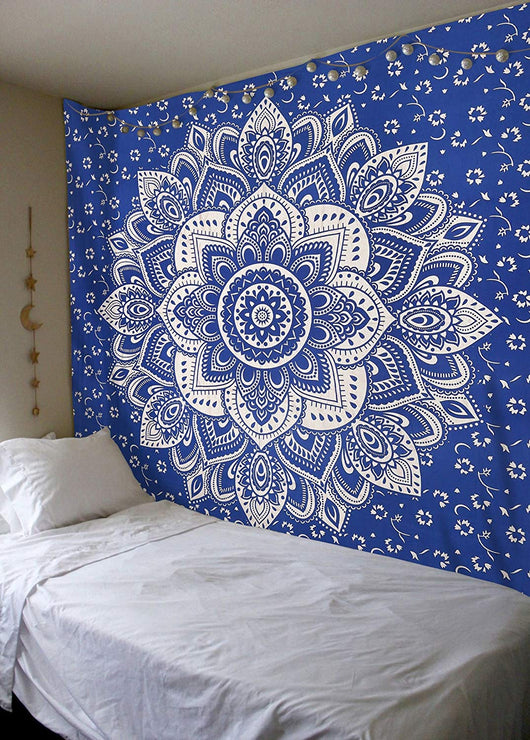 Navy blue tapestry with a large gold mandala pattern and smaller gold floral designs, made of polyester. - Image 9