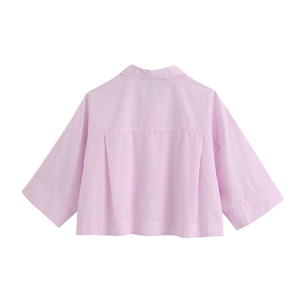 Camisa Rayada de Manga Corta con Solapa y Doble Bolsillo