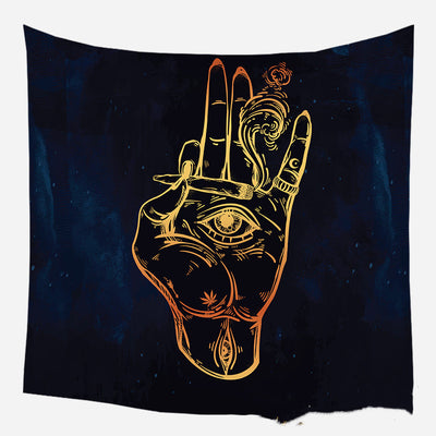 Golden crescent moon and woman silhouette tapestry with a floral crown against a dark blue starry background. - Image 54