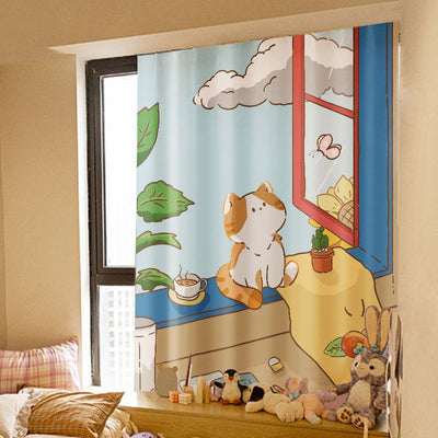 Printed Velcro cabinet curtain with a cartoon oil painting of white and yellow tulips under a light blue sky with clouds and a crescent moon. - Image 6