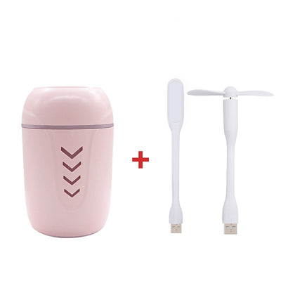 Light blue portable car humidifier with chevron pattern, white USB LED light, and white USB mini fan. - Image 8