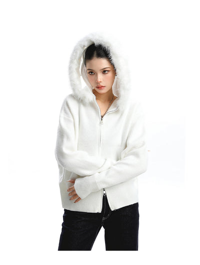 Abrigo Cardigan con Capucha y Cuello de Pelaje Beige para Mujer - Image 15