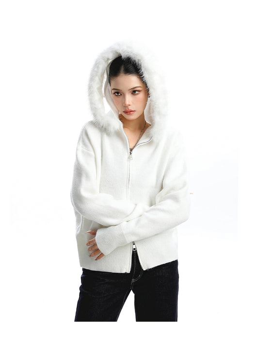 Abrigo Cardigan con Capucha y Cuello de Pelaje Beige para Mujer - Image 15