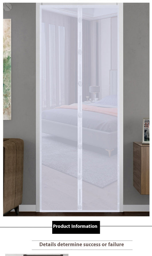 Black magnetic mosquito-proof curtain installed in a white doorway, with a puppy sitting in front of it. - Image 11