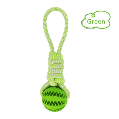 Blue and white braided rope dog toy with a teal rubber treat-dispensing ball for chewing and teeth cleaning. - Image 6