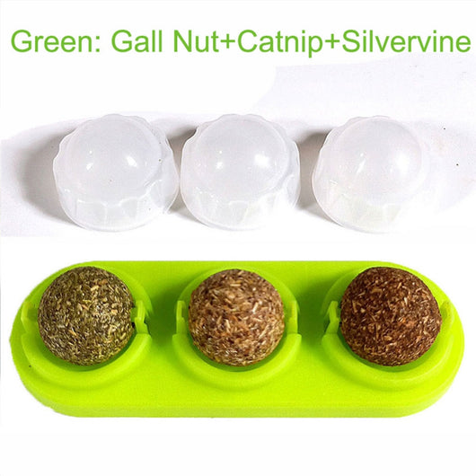 Two self-adhesive rotated catnip lick balls, each in a light blue holder, for cat entertainment. - Image 5