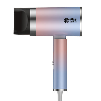 Foldable negative ion hair dryer with a pink to blue gradient finish and silver accents, featuring a single nozzle.