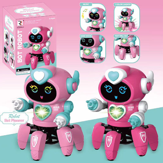Pink and blue smart dancing robot toy with six legs, LED lights, and a smiling face on its screen.