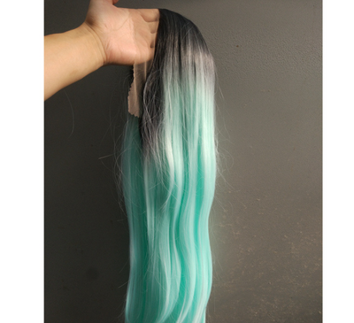 Peluca Larga Degradado Verde - Cabello Liso Sintético con Encaje Frontal