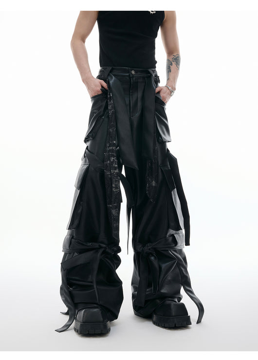 Pantalones de Cuero Retro con Múltiples Bolsillos y Detalles de Costura - Image 5