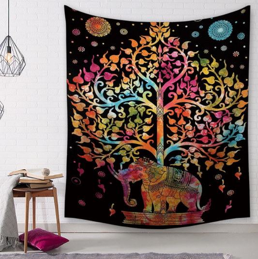 Colorful elephant and tree of life tapestry on a black background, featuring vibrant pink, orange, yellow, and blue hues. - Image 2