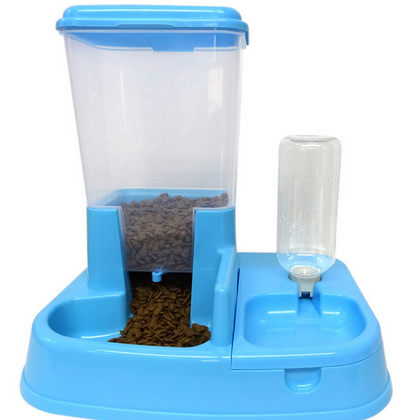 Light green and clear plastic automatic pet feeder with separate food and water dispensers and bowls. - Image 2