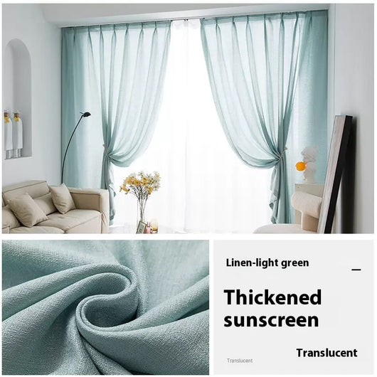 White translucent thickened sunscreen curtain made of hemp yarn with grommet top, hanging in a modern window. - Image 9