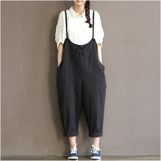 Pantalón Vintage de Algodón con Tirantes - Cintura Alta Estilo Literario