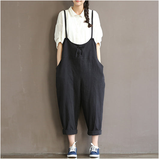 Pantalón Vintage de Algodón con Tirantes - Cintura Alta Estilo Literario