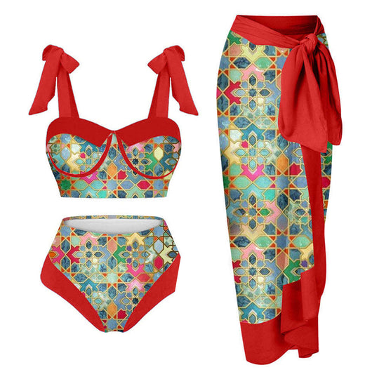 Women's three-piece swimsuit with tropical pomegranate, hibiscus, and bird print bikini and magenta sarong. - Image 9