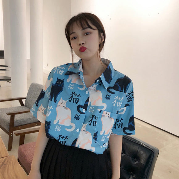 Playera Estilo Harajuku con Estampado de Gatos