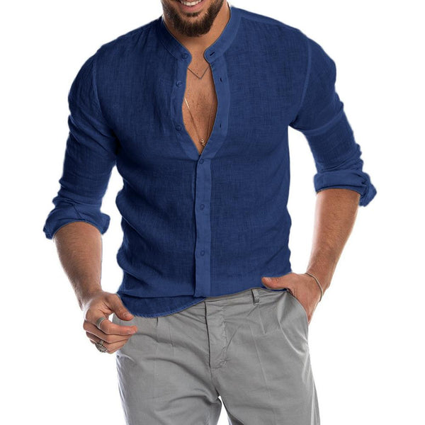 Camisa de Lino con Cuello Mao para Hombre