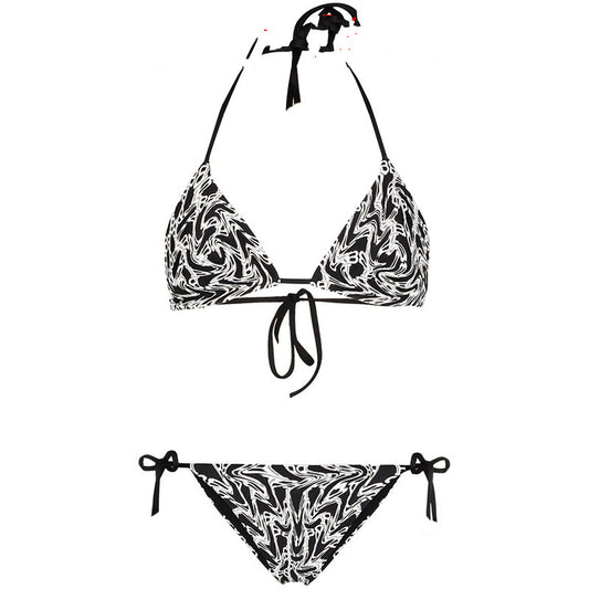 Black and white abstract letter print bikini with triangle halter top and tie-side bottoms. - Image 2