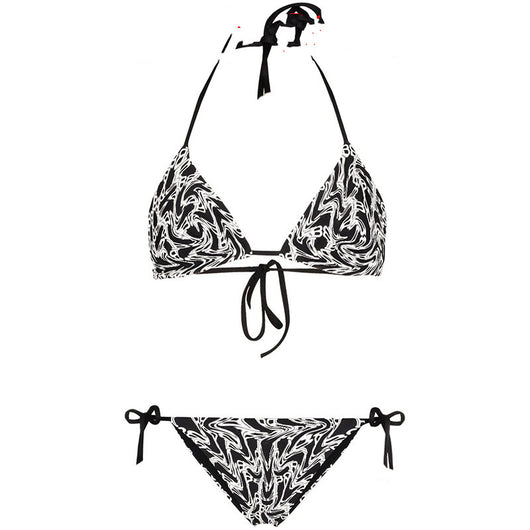 Black and white abstract letter print bikini with triangle halter top and tie-side bottoms. - Image 2