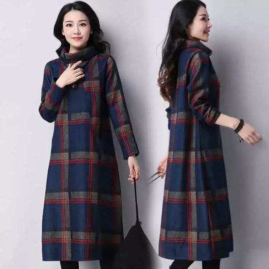 Vestido de Lana Talla Grande Cuadros Retro Otoño Invierno