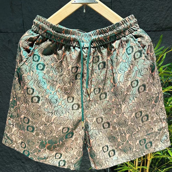 Shorts Étnicos Estilo Floral Láser en Tela Ice Silk para Hombre