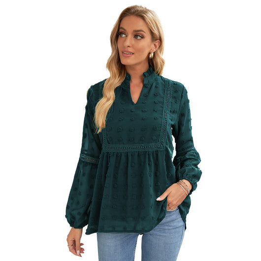 Blusa Elegante con Cuello V y Mangas Abullonadas con Detalles de Pelotitas - Image 8