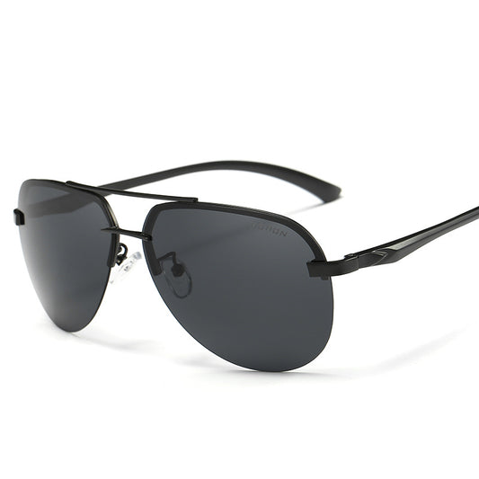 Rimless aviator sunglasses with orange mirrored polarized lenses and silver-toned metal temples on a white background.