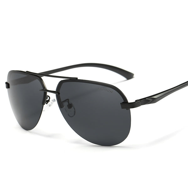 Rimless aviator sunglasses with orange mirrored polarized lenses and silver-toned metal temples on a white background.
