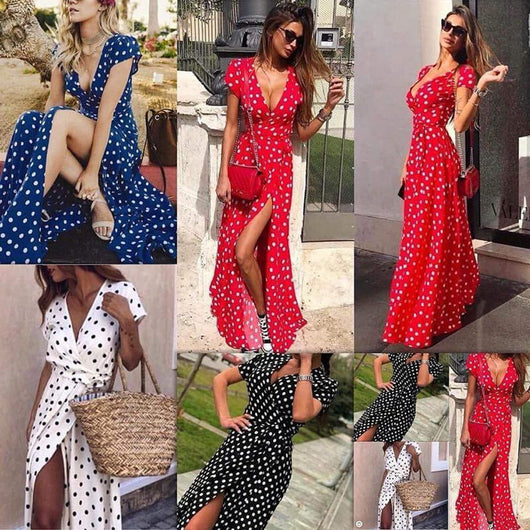 Vestido de Lunares con Escote en V Profundo
