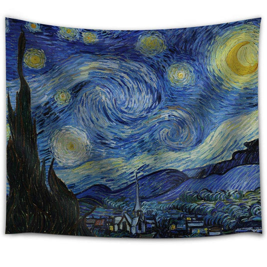 Printed tapestry featuring Van Gogh's 'The Starry Night' artwork with swirling blue sky, bright stars, and a dark cypress tree.