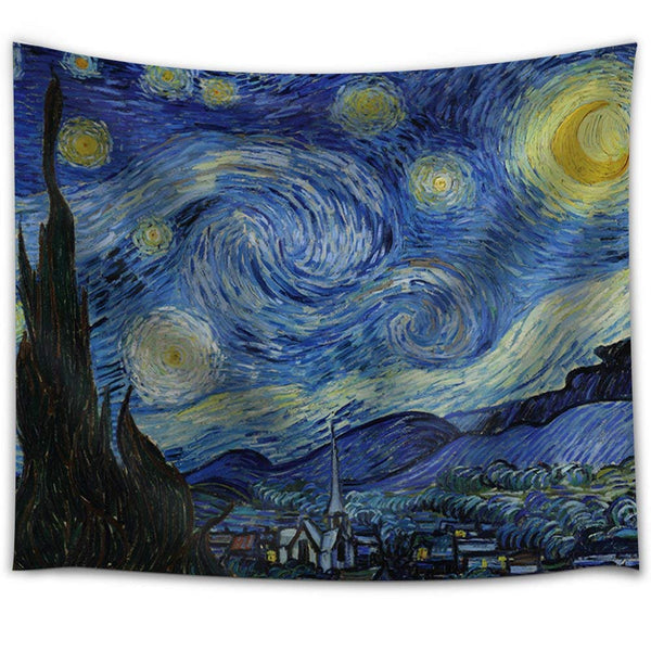 Printed tapestry featuring Van Gogh's 'The Starry Night' artwork with swirling blue sky, bright stars, and a dark cypress tree.