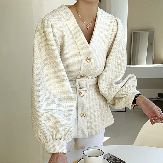 Chaqueta Suelta de Botón Simple con Mangas Linterna y Cinturón para Mujer - Image 4