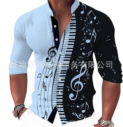 Camisa Casual Estampado Musical con Cuello de Pie Manga Larga para Hombre - Image 4