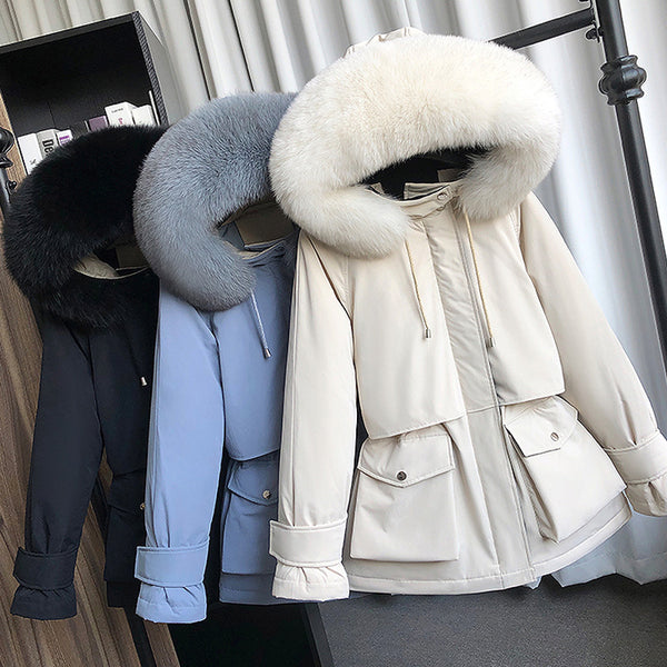 Abrigo de Invierno con Capucha de Piel Natural de Mapache y Zorro - Plumón para Mujer